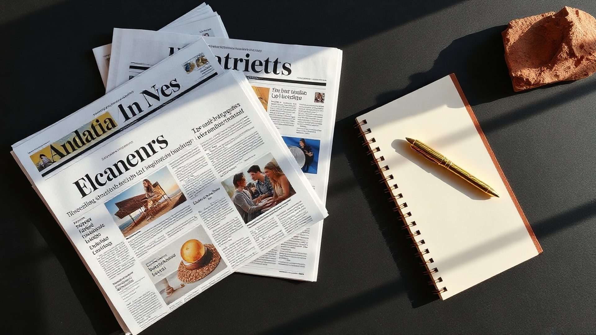 Editorial flat-lay financijskih novina i zlatnog pera na tamnoj podlozi